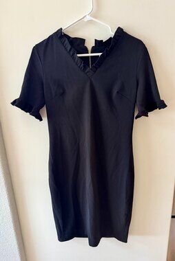 Calvin Klein Sheath Dress Ruffle V-Neck Short Sleeve Gold Zipper Size 6